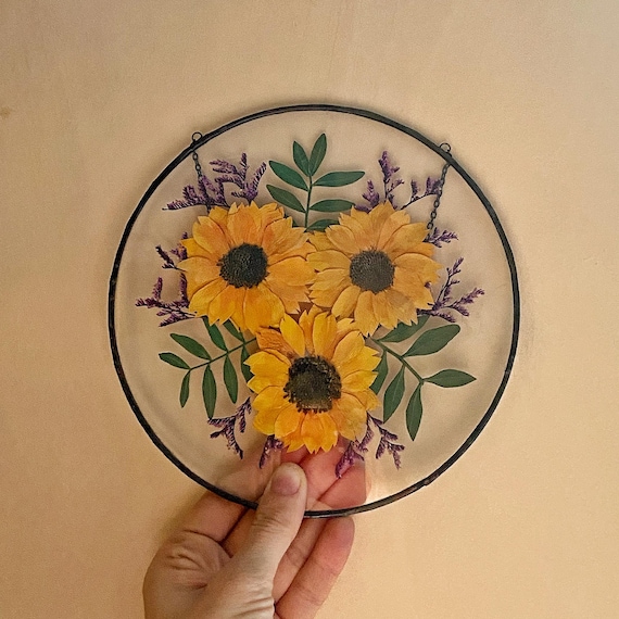 Pressed Sunflower Art: Stained Glass Frame Wall Hanging