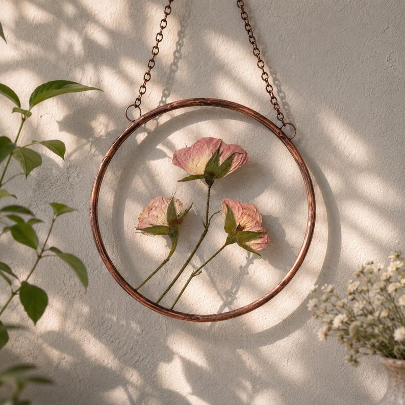 May include: A circular copper-toned metal frame containing three pressed pink roses with green stems and leaves. The frame is suspended by a matching copper-colored metal chain, creating a decorative wall hanging piece with a clear glass center.