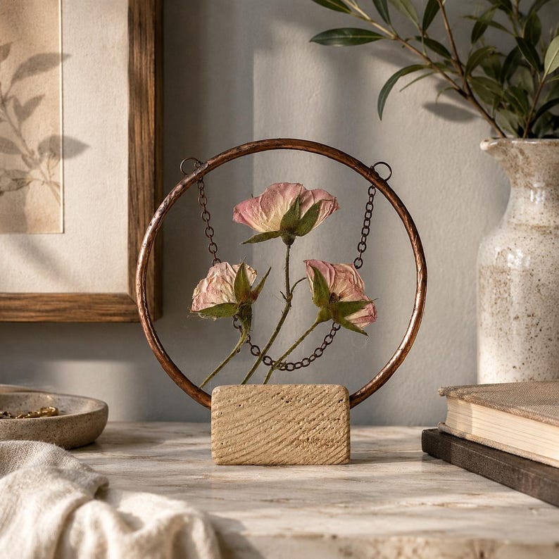 May include: A circular copper-toned metal frame mounted on a rectangular textured stone base. Three dried pink roses are suspended inside the ring by thin metal chains. The frame features a metallic finish and a simple, clean structural design.