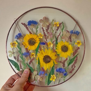 Floral Suncatcher - Glass Wall Hanging With Pressed Sunflowers - Pressed Flower Decor Farmhouse Style