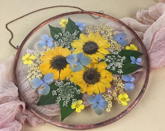 Pressed Sunflower Art: Stained Glass Copper Frame Wall Hanging