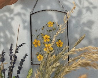 Stained Glass Floral Art - Pressed Flower Suncatcher, Pressed Buttercup Wall Hanging
