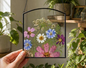 Mothers day Pressed Flower Art: Stained Glass Panel With Bright Dried Wildflowers