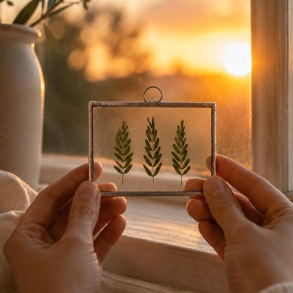 Pressed Flower Art, Tiny Gift For Her, Floral Suncatcher - Pressed Leaves In Floating Frame