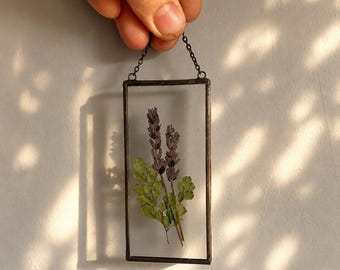 Pressed Flower Frame - Dry Lavender stems, Mini Stained Glass Wall Hanging with Dried Flowers
