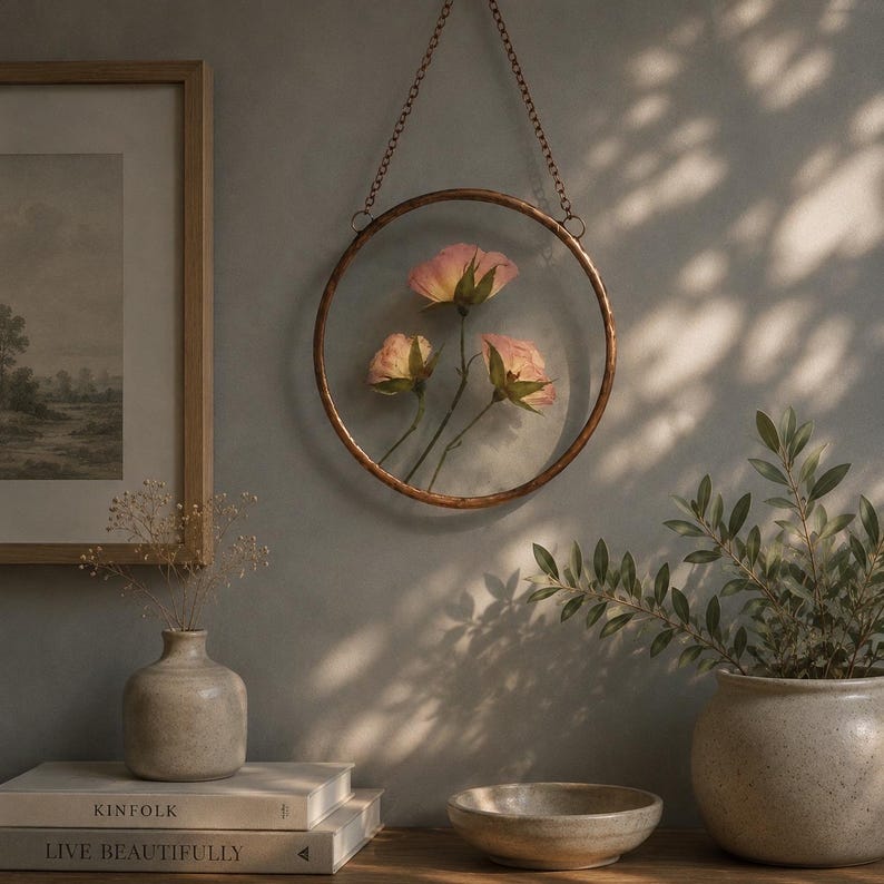 Pressed Flower Art: Dried Roses in Stained Glass Copper Frame Wall Hanging image 10