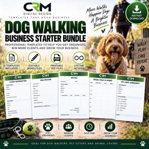 Puede incluir: Un paquete de inicio para negocios de paseo de perros con 12 plantillas editables que incluyen información de clientes, registros de paseos, facturas, planificadores semanales y acuerdos de cuidado de mascotas con un perro dorado.