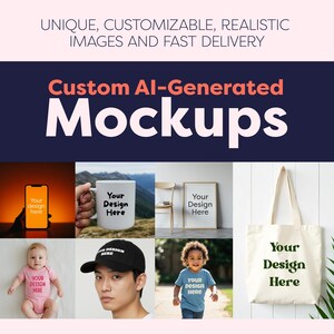 Könnte beinhalten: Eine Sammlung von sechs Mockups mit verschiedenen Artikeln, darunter ein Telefon, eine Tasse, ein gerahmtes Bild, eine Tragetasche, eine Baseballkappe und ein T-Shirt für Kinder. Jedes Element verfügt über einen leeren Bereich, in den Sie Ihr eigenes Design einfügen können. Der Text "Your Design Here" wird auf jedem Element angezeigt.