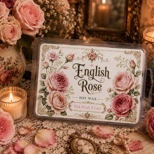 Könnte beinhalten: Ein rechteckiger, durchsichtiger Wachsschmelzbehälter aus Kunststoff mit einem Etikett, das den Text English Rose, Soy Wax und Pink Petals N Lace trägt. Das Etikett ist mit Illustrationen rosa Rosen und goldenen Ornamenten auf cremefarbenem Grund verziert.