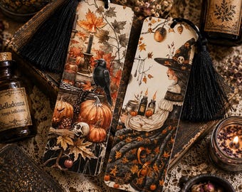 Halloween Witch or Raven Metal Bookmark, Tassel, Aluminum Rectangle