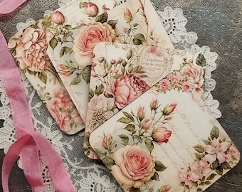 4 Shabby Pink Rose Coasters