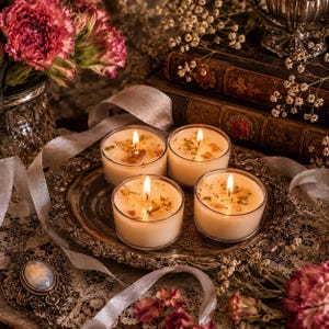 May include: Four white votive candles in clear glass containers, each topped with dried flower petals and small crystals, arranged on an ornate silver-toned metal tray alongside antique books, pink carnations, and a lace fabric.