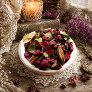 May include: A white ceramic bowl filled with a mixture of dried potpourri, including deep red rose petals, small purple berries, green leaves, and brown cinnamon sticks. The bowl sits on a white lace doily on a rustic wooden surface.