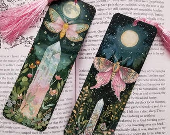 Pink Moth Book Mark, Metal Bookmark With Tassel, Moon Magic, bookmark, Stocking Stuffer