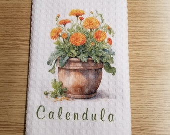 Calendula Flowers Kitchen Towel, Towel, Waffle Towel, Dish Towel