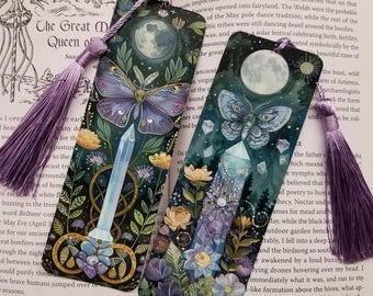 Lavender and Blue Moth Book Mark, Metal Bookmark With Tassel, Moon Magic, bookmark, Stocking Stuffer