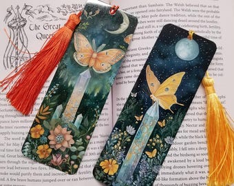 Yellow Moth Book Mark, Metal Bookmark With Tassel, Moon Magic, bookmark, Stocking Stuffer