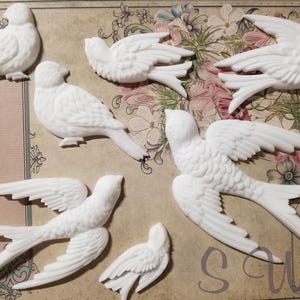 Könnte beinhalten: Eine Sammlung weißer Vogelverzierungen, darunter Schwalben und andere Vogeldesigns. Die Vögel sind in verschiedenen Posen, einige mit ausgebreiteten Flügeln, andere sitzen. Sie sind auf einem floral gemusterten Hintergrund angeordnet.