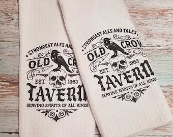 Old Crow TavernTowel, Witch Towel, WaffleTowel, Dish Towel, House Warming Gift, Bar Towel