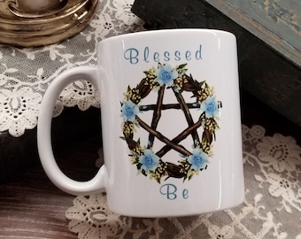 Pentacle Mug, Witch Mug, Blue Rose Mug, Pagan Gift, Wiccan Gift, WItch Gift