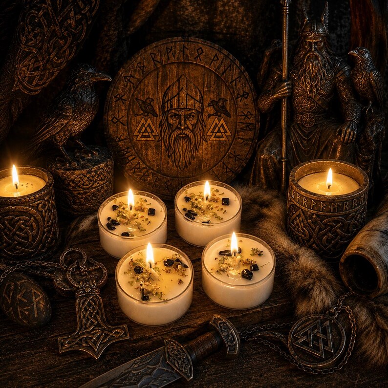 May include: Four small white candles in clear glass containers, each topped with dark stones and dried herbs. The scene includes a circular wooden plaque with a bearded figure, a metal hammer pendant, a dagger, and a statue of a seated warrior.