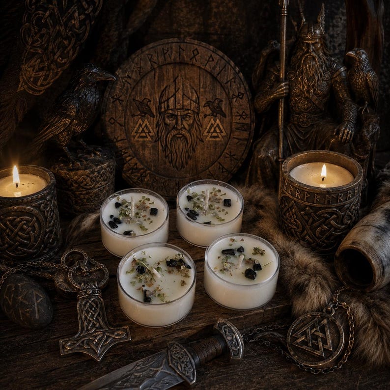 May include: Four small white candles in clear containers, topped with dark stones and dried herbs. The candles are arranged among Norse-themed items, including a circular wooden plaque with a bearded figure, a metal hammer pendant, and a dagger.