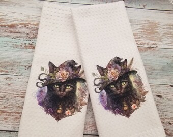 Black Cat Kitchen Towel, Witch Towel, Waffle Towel, Dish Towel, House Warming Gift, Mothers Day Gift, Witch Cat Towel