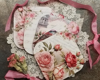 4 Shabby Pink Rose & Bird Coasters