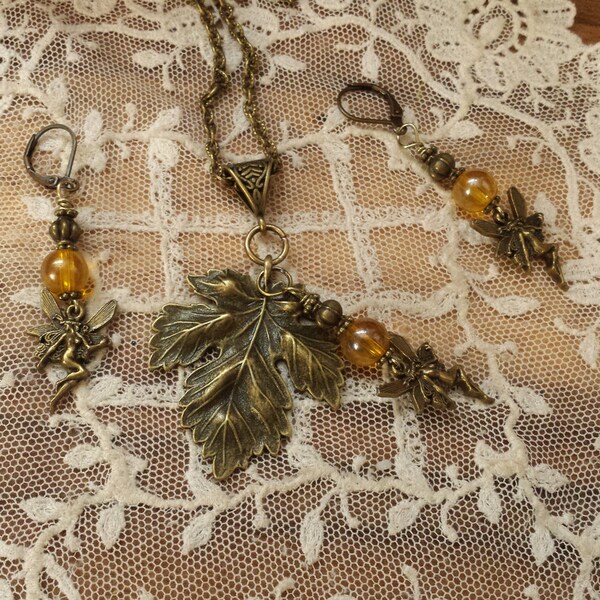 Autumn Magic Fairy Necklace and Earring Set, Fall Fairy Necklace Fairy Earrings,  Earring Set, Lammas, Mabon,