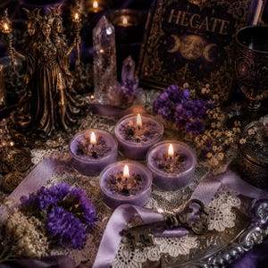 May include: Four small round purple candles in glass containers with lit wicks, topped with dried flowers and gold flakes. The candles are arranged on a white lace doily alongside a bronze statue of Hecate, a key, and a book titled HECATE.