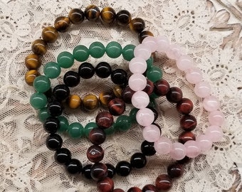 Power Bracelet, Rose Quartz, Black Onyx, Tigers Eye, Green Aventurine, Stretch Bracelet, Stocking stuffer