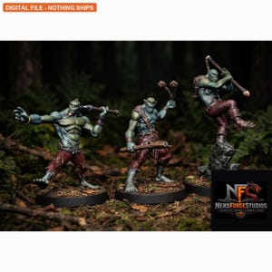 May include: Three green-skinned orc miniatures standing on black circular bases. Each figure wears dark red trousers and carries a wooden club or mace. The text DIGITAL FILE - NOTHING SHIPS appears at the top, and the NerdForgeStudios logo is at the bottom right.
