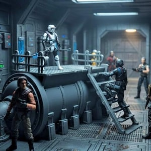 May include: A diorama featuring five articulated action figures in a gray industrial corridor. One figure stands on a large cylindrical machine, while another climbs a ladder. The figures wear tactical gear, including helmets and vests, in a sci-fi setting.