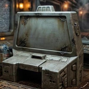 May include: A weathered, light gray computer console featuring a large, recessed screen, an integrated keyboard, and intricate geometric paneling. The surface displays signs of wear, including dark rust-like stains and textured surface damage.