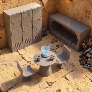 May include: A miniature gray room scene with furniture, including a three-door cabinet, a bench, a small round table, and two chairs. The table has two mugs and a blue glowing device. The scene is set on a textured, tan surface.