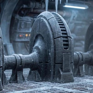 May include: A series of four large, dark gray, industrial-style circular turbines or generators aligned in a row. Each unit features a ribbed, semi-circular housing mounted on a central shaft, set within a metallic, grated floor environment.