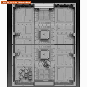 May include: A top-down view of a grey 3D digital model of a sci-fi corridor floor tile set. The layout features modular panels with geometric patterns, central raised platforms, a small character figure, and scattered cylindrical and square crates.