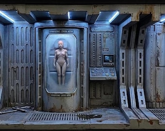 May include: A detailed diorama of a sci-fi corridor featuring a central stasis pod containing a human figure. The structure has weathered metallic walls, control panels with buttons, overhead blue lighting, and a small hangar bay area.