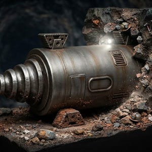 May include: A metallic industrial tunnel boring machine with a spiraled drill head, partially embedded in a rocky cavern wall. The cylindrical body features a small rectangular window, a top-mounted vent, and a bright light illuminating the rock face.