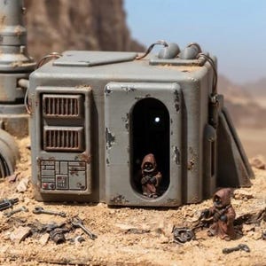 May include: A miniature gray rectangular structure with weathered details, featuring a central doorway and side vents. Two small figures in brown hooded robes stand near the building, surrounded by scattered metallic tools and debris on a sandy surface.