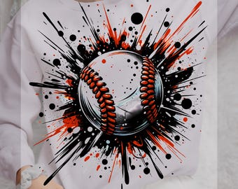May include: A white sweatshirt with a black and red baseball graphic. The baseball is surrounded by black and red paint splatters. The text "Dtf Transfer" is at the top of the image and "Ready To Press" is at the bottom.