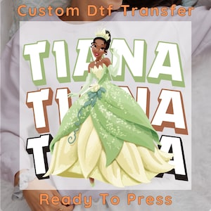 Transfert DTF personnages princesse Disney, princesse colorée DTF, chemise pour filles Disney prête à presser, transfert thermique assorti Disney, Tiana DTF