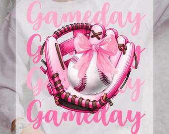 May include: Pink and brown baseball glove with a pink bow and a white baseball. The text "Gameday" is written three times in pink letters. The text "Ready To Press" is written in black letters.
