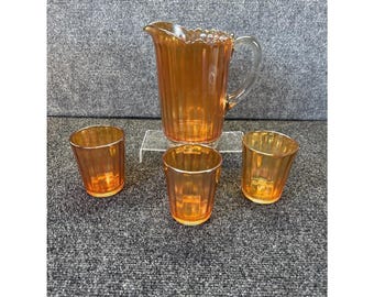 Vtg~Marigold Carnival Glass Pitcher~3 Tumblers/Juice Glasses~Early 1900s