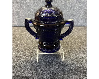 Vintage Cobalt Blue Glass Covered Sugar Bowl