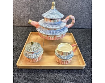 Vtg~Ceramic Pagoda-Style Tea Pot Set with Creamer/Sugar Bowl on Bamboo Tray
