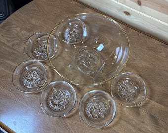 Vtg~Jeannette Glass~Dilly Gailstyn~Glass Serving Bowl w/6 serving bowls~Gold Rim