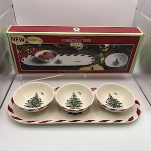 Spode~Christmas Tree~Peppermint Tray w/3 Dipping Bowls~IOB
