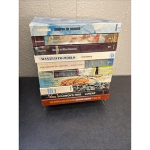 Può includere: Una pila di libri vintage con copertine colorate. I titoli includono "kabloona", "Naked to Mine Enemies" e "King Solomon's Ring". I libri sono disposti su un supporto trasparente, su uno sfondo neutro.