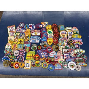 Op de afbeelding: Een verzameling kleurrijke geborduurde patches, met verschillende ontwerpen en tekst. De patches hebben verschillende vormen en maten, met afbeeldingen van dieren, vlaggen en tekst. De patches zijn gerangschikt op een blauw oppervlak.